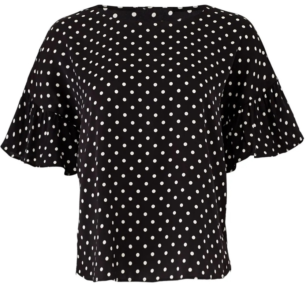 Slate & Willow Polka Dot Ruffle Silk Sleeve Top Black And White Size Small